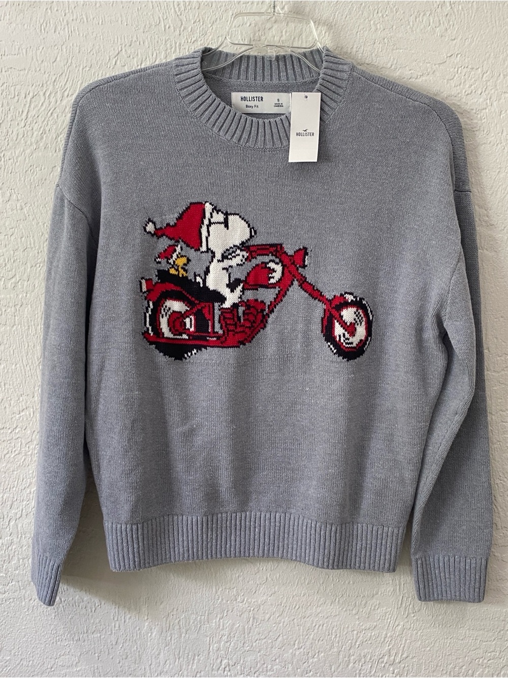 Hollister Light Gray Crewneck boxy Sweater with Red Motorcycle Snoopy Graphic